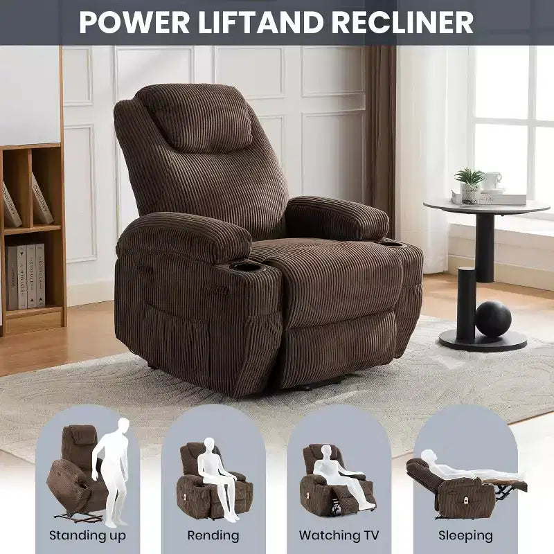 Acekool Fauteuil inclinable releveur en velours côtelé, Fauteuil chauffant massant avec double porte-gobelets et appui-tête en U pour salon