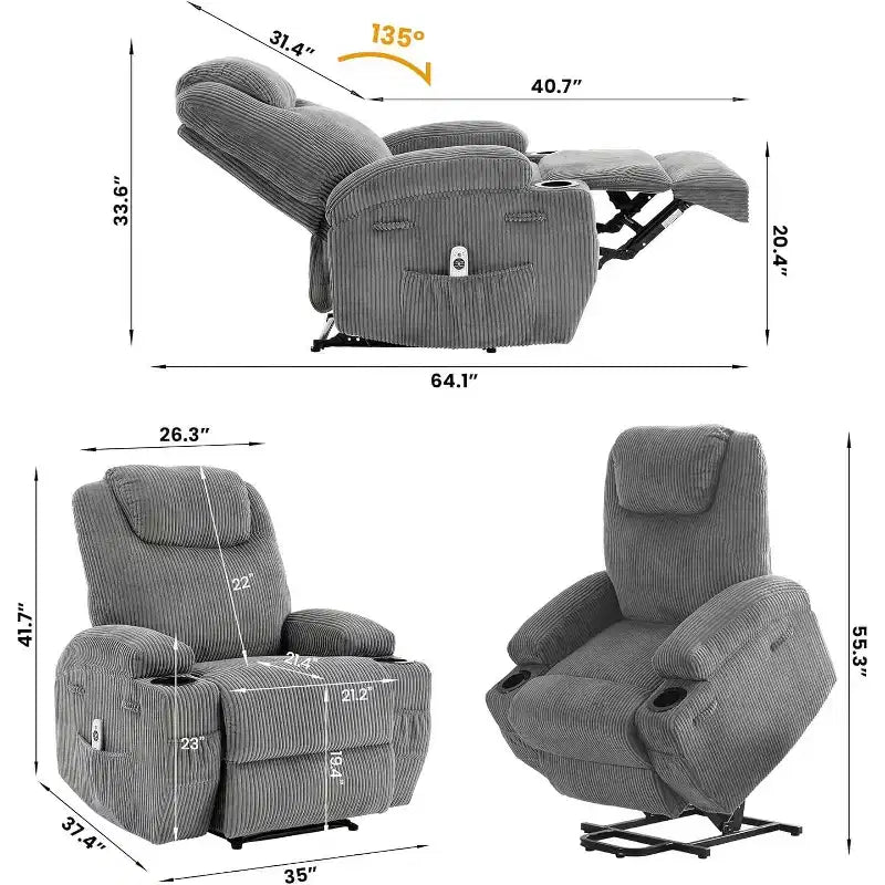 Acekool Fauteuil inclinable releveur en velours côtelé, Fauteuil chauffant massant avec double porte-gobelets et appui-tête en U pour salon