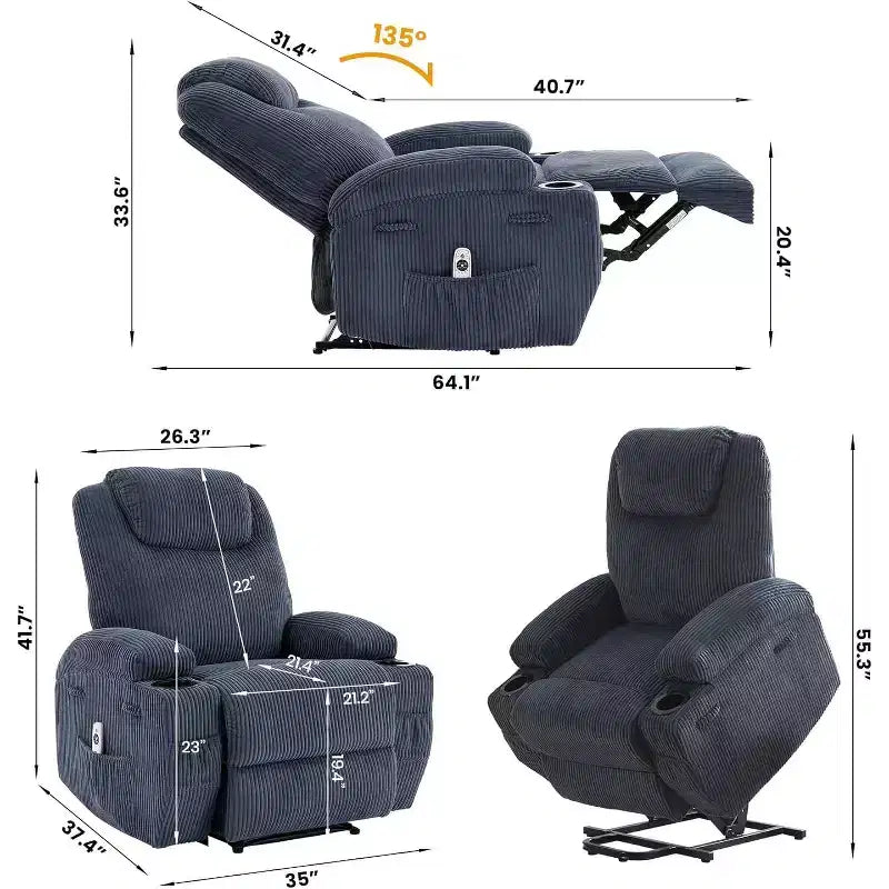 Acekool Fauteuil inclinable releveur en velours côtelé, Fauteuil chauffant massant avec double porte-gobelets et appui-tête en U pour salon