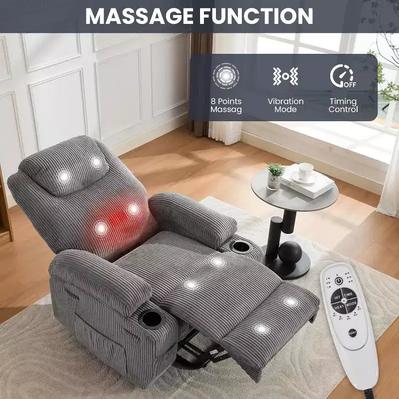 Acekool Fauteuil inclinable releveur en velours côtelé, Fauteuil chauffant massant avec double porte-gobelets et appui-tête en U pour salon
