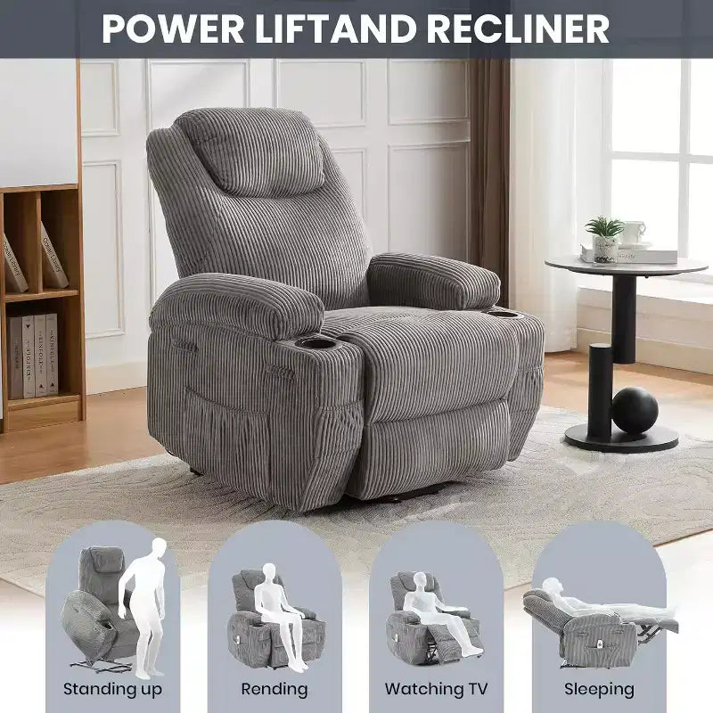 Acekool Fauteuil inclinable releveur en velours côtelé, Fauteuil chauffant massant avec double porte-gobelets et appui-tête en U pour salon