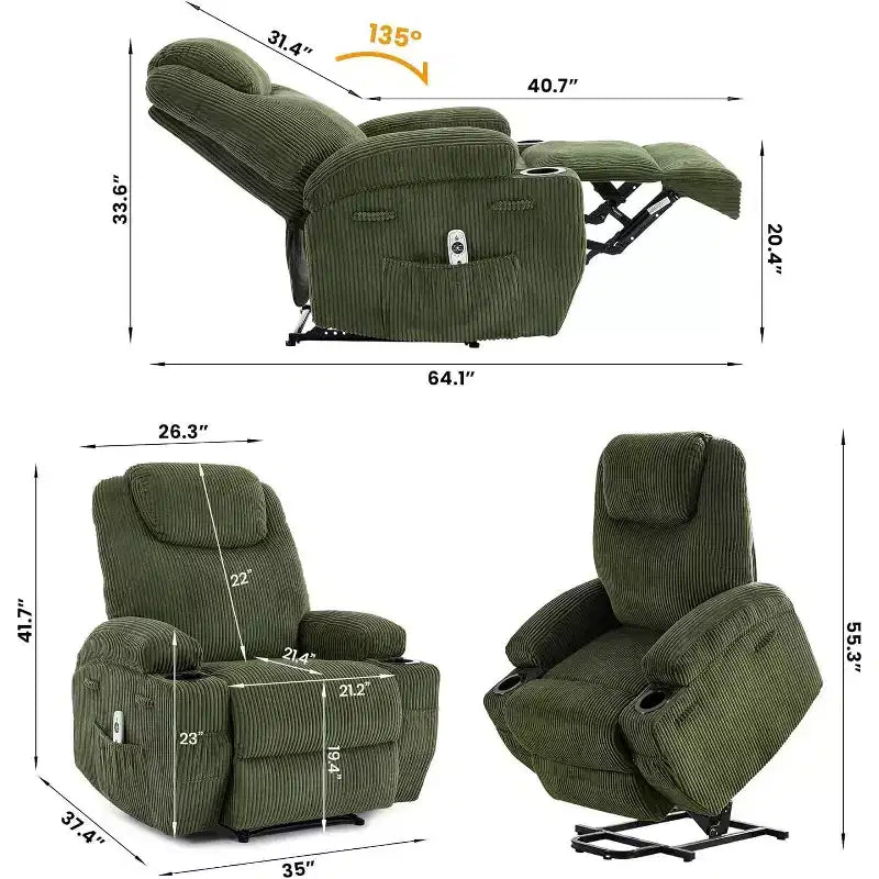 Acekool Fauteuil inclinable releveur en velours côtelé, Fauteuil chauffant massant avec double porte-gobelets et appui-tête en U pour salon