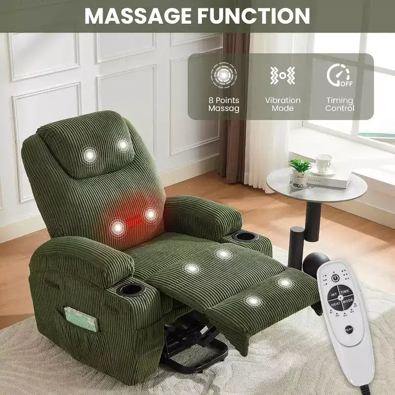 Acekool Fauteuil inclinable releveur en velours côtelé, Fauteuil chauffant massant avec double porte-gobelets et appui-tête en U pour salon