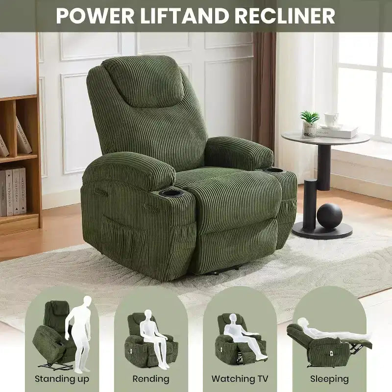 Acekool Fauteuil inclinable releveur en velours côtelé, Fauteuil chauffant massant avec double porte-gobelets et appui-tête en U pour salon