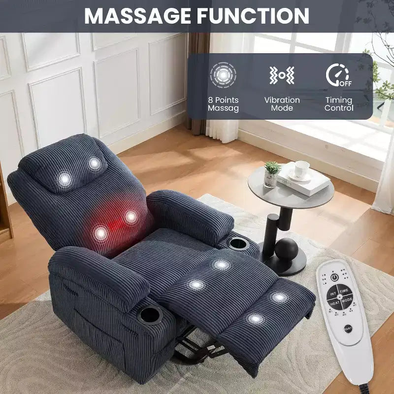 Acekool Fauteuil inclinable releveur en velours côtelé, Fauteuil chauffant massant avec double porte-gobelets et appui-tête en U pour salon
