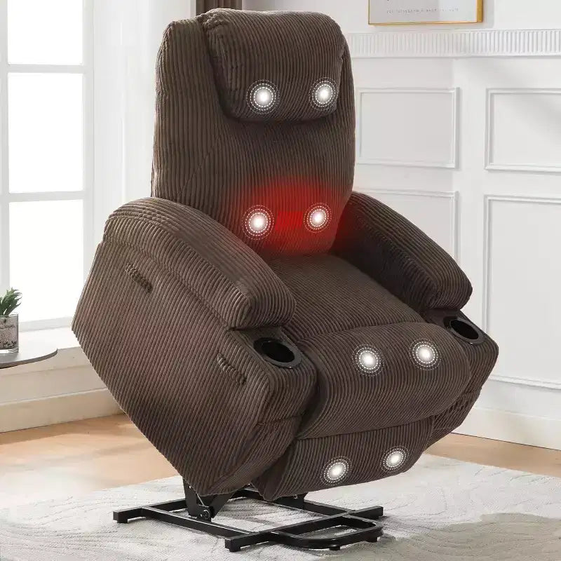 Acekool Fauteuil inclinable releveur en velours côtelé, Fauteuil chauffant massant avec double porte-gobelets et appui-tête en U pour salon