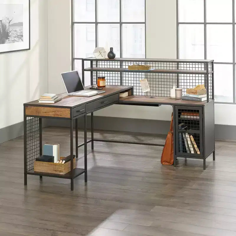 GDFStudio Mercer Industrial L-Shaped Desk with 2 Drawers and Shelves