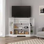 Meuble TV d'angle pour téléviseurs jusqu'à 55 pouces, meuble de divertissement style ferme moderne, console multimédia en bois avec armoires de rangement et étagères pour salon