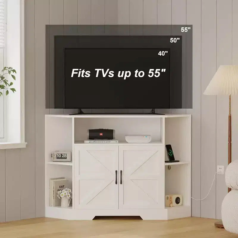 Meuble TV d'angle pour téléviseurs jusqu'à 55 pouces, meuble de divertissement style ferme moderne, console multimédia en bois avec armoires de rangement et étagères pour salon