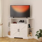 Meuble TV d'angle pour téléviseurs jusqu'à 55 pouces, meuble de divertissement style ferme moderne, console multimédia en bois avec armoires de rangement et étagères pour salon
