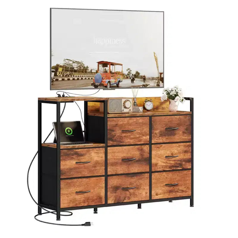 Meuble TV TUYOHW avec 8 tiroirs en tissu et station de charge, meuble de divertissement avec étagères ouvertes, plateau en bois, table console pour salon, chambre à coucher