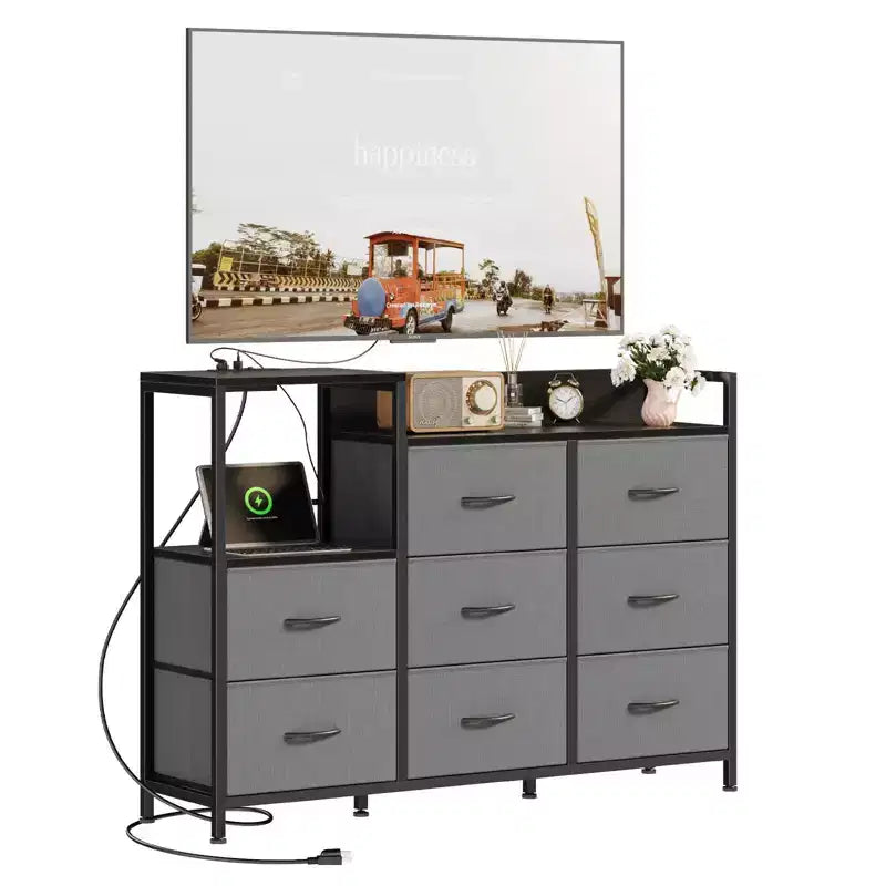 Meuble TV TUYOHW avec 8 tiroirs en tissu et station de charge, meuble de divertissement avec étagères ouvertes, plateau en bois, table console pour salon, chambre à coucher