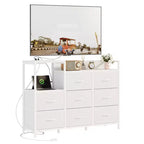 Meuble TV TUYOHW avec 8 tiroirs en tissu et station de charge, meuble de divertissement avec étagères ouvertes, plateau en bois, table console pour salon, chambre à coucher