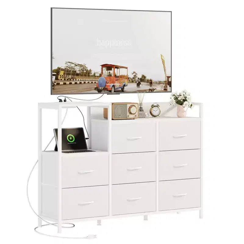 Meuble TV TUYOHW avec 8 tiroirs en tissu et station de charge, meuble de divertissement avec étagères ouvertes, plateau en bois, table console pour salon, chambre à coucher