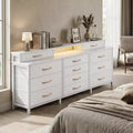 White 12 Drawer Dresser for Bedroom with LED Lights and Power Outlets 55 inch Wide Fabric Storage Chest with 2 Shelves Wood Top Large Media Center