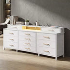 Commode Blanche à 12 Tiroirs pour Chambre avec Lumières LED et Prises de Courant Commode de Rangement en Tissu Large de 140 cm avec 2 Étagères Dessus en Bois Grand Meuble Multimédia