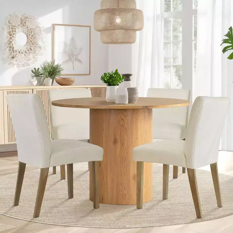 Ensemble table à manger ronde 5 pièces et 4 chaises rembourrées, ensemble de table à piédestal en bois moderne pour cuisine, coin petit-déjeuner ou salle à manger-Panipeachy