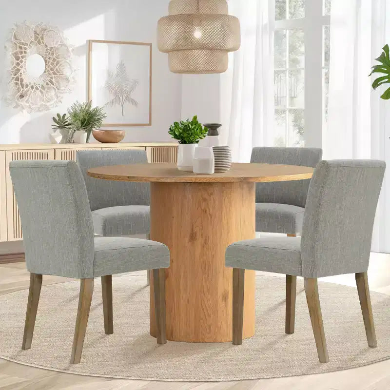 Ensemble table à manger ronde 5 pièces et 4 chaises rembourrées, ensemble de table à piédestal en bois moderne pour cuisine, coin petit-déjeuner ou salle à manger-Panipeachy