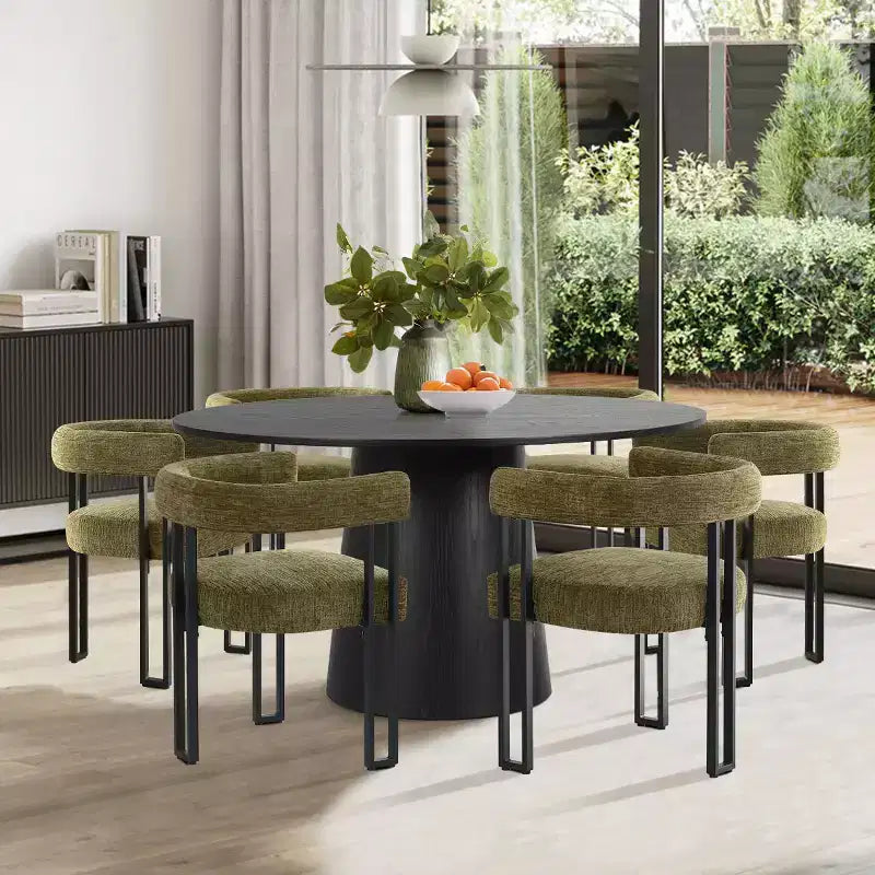 Ensemble de salle à manger rond 7 pièces avec 6 chaises rembourrées en chenille, table moderne sur pied de 52 po avec chaises de salle à manger à pieds en métal pour la cuisine-Panipeachy