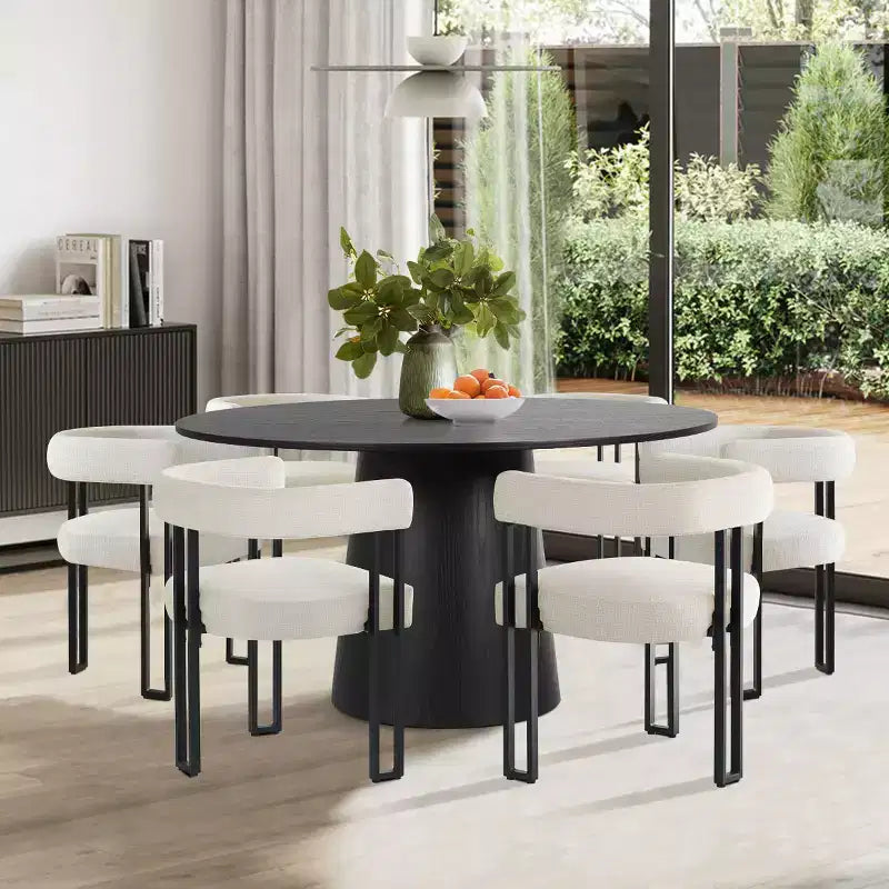 Ensemble de salle à manger rond 7 pièces avec 6 chaises rembourrées en chenille, table moderne sur pied de 52 po avec chaises de salle à manger à pieds en métal pour la cuisine-Panipeachy