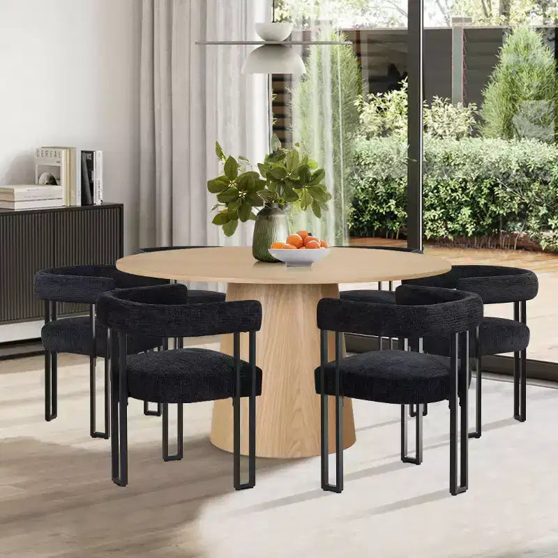 Ensemble de salle à manger rond 7 pièces avec 6 chaises rembourrées en chenille, table moderne sur pied de 52 po avec chaises de salle à manger à pieds en métal pour la cuisine-Panipeachy