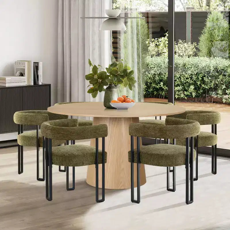 Ensemble de salle à manger rond 7 pièces avec 6 chaises rembourrées en chenille, table moderne sur pied de 52 po avec chaises de salle à manger à pieds en métal pour la cuisine-Panipeachy