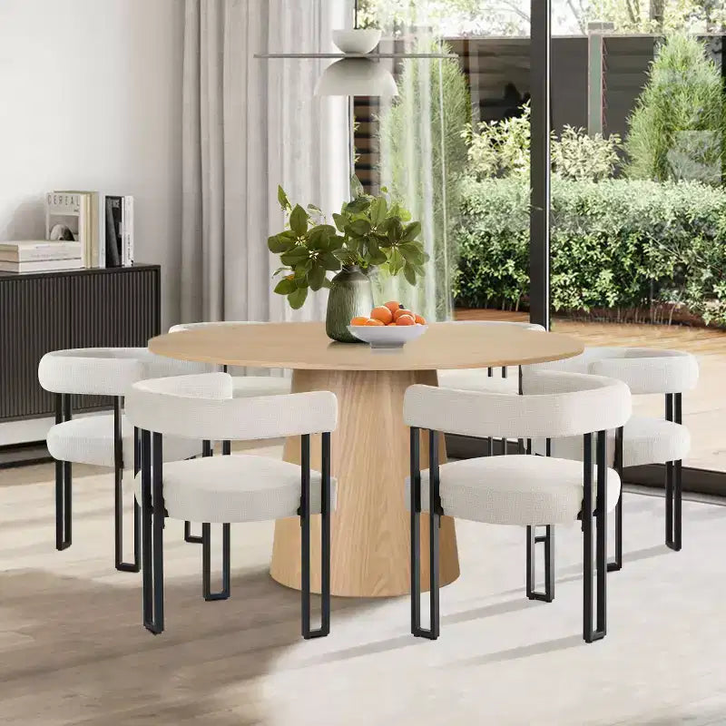 Ensemble de salle à manger rond 7 pièces avec 6 chaises rembourrées en chenille, table moderne sur pied de 52 po avec chaises de salle à manger à pieds en métal pour la cuisine-Panipeachy