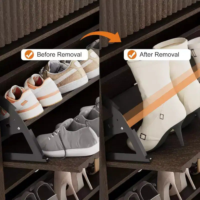 Grand meuble à chaussures à cannelures : Comprend 2 abattants et 1 tiroir supérieur avec étagères réglables. Organisateur autoportant étroit pour entrée ou couloir.