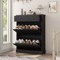 Large Fluted Shoe Cabinet: Features 2 Flip-Down & 1 Top Drawer with Adjustable Shelves. Freestanding Narrow Organizer for Entryway or Hallway.
