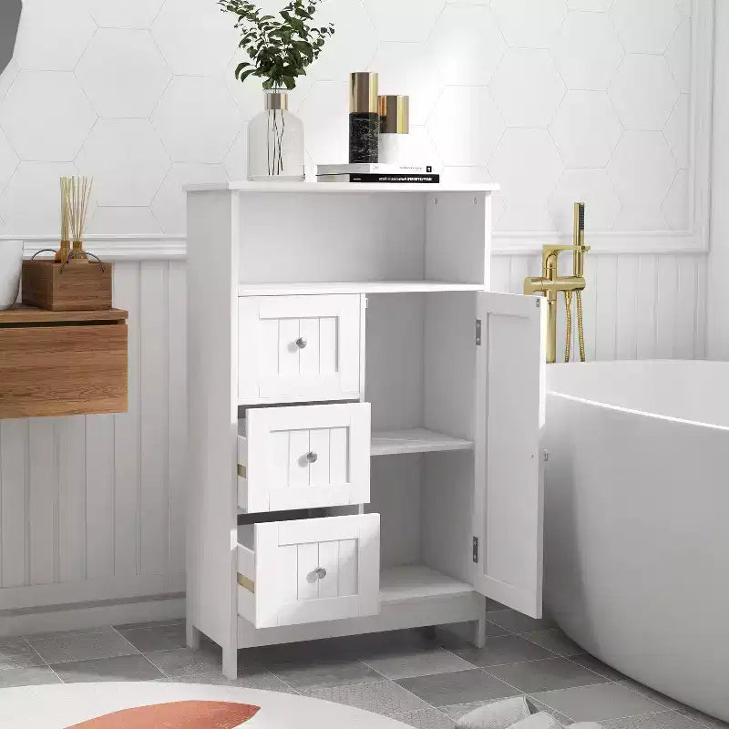 Meuble de salle de bain à porte unique et 3 tiroirs, meuble de rangement multifonctionnel en bois pour salle de bain, cuisine, salon, couloir, appartement, blanc