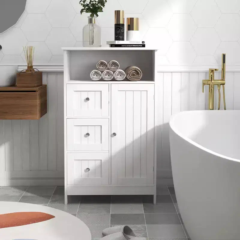 Meuble de salle de bain à porte unique et 3 tiroirs, meuble de rangement multifonctionnel en bois pour salle de bain, cuisine, salon, couloir, appartement, blanc