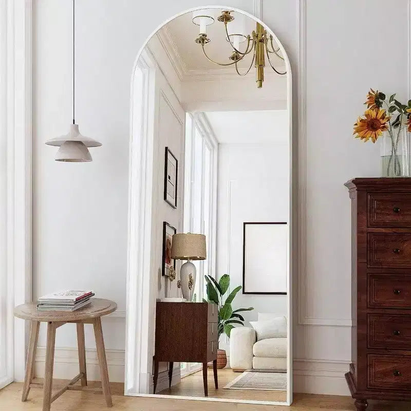71x26 White Arched Mirror with Stand & Aluminum Frame. Full Body Design for Bedroom or Living Room