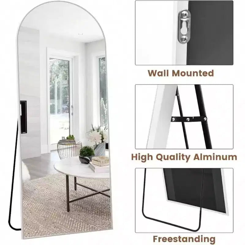 Miroir arqué blanc 71x26 avec support et cadre en aluminium. Design pleine longueur pour chambre ou salon.