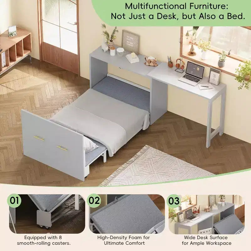 Lit de repos double avec commode et bureau, coussin pliable, bureau réglable, lit escamotable pour chambre d'amis, petit espace, pas de sommier tapissier
