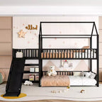 Twin/Full Metal House Bunk Bed with Storage Stairs, Slide & Safety Rails, Black - ModernLuxe