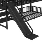 Lit superposé maison en métal double/complet avec escalier de rangement, toboggan et barrières de sécurité, Noir - ModernLuxe