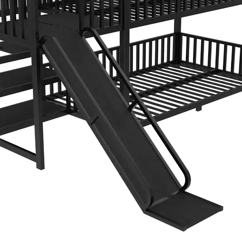 Lit superposé maison en métal double/complet avec escalier de rangement, toboggan et barrières de sécurité, Noir - ModernLuxe