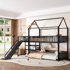 Lit superposé maison en métal double/complet avec escalier de rangement, toboggan et barrières de sécurité, Noir - ModernLuxe