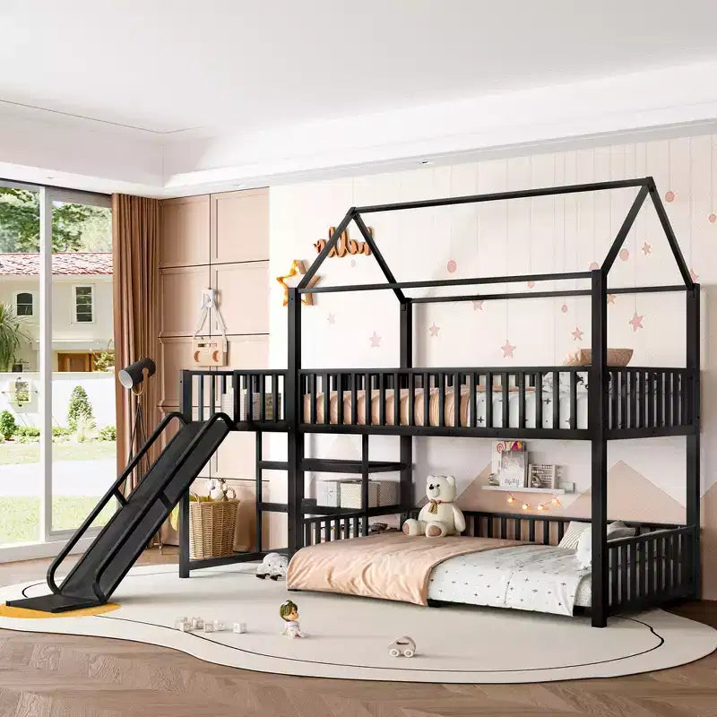 Lit superposé maison en métal double/complet avec escalier de rangement, toboggan et barrières de sécurité, Noir - ModernLuxe