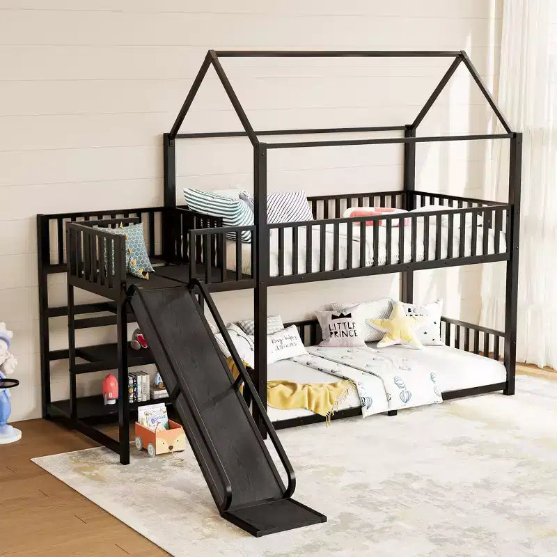 Lit superposé maison en métal double/complet avec escalier de rangement, toboggan et barrières de sécurité, Noir - ModernLuxe