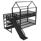 Lit superposé maison en métal double/complet avec escalier de rangement, toboggan et barrières de sécurité, Noir - ModernLuxe