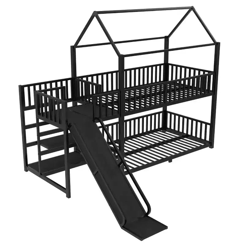 Lit superposé maison en métal double/complet avec escalier de rangement, toboggan et barrières de sécurité, Noir - ModernLuxe
