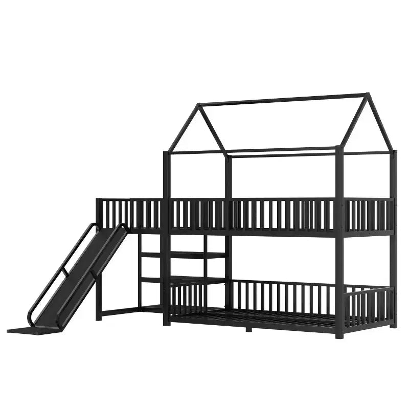 Lit superposé maison en métal double/complet avec escalier de rangement, toboggan et barrières de sécurité, Noir - ModernLuxe