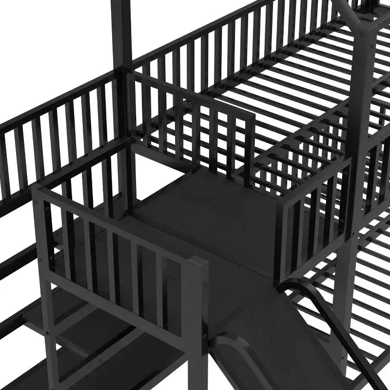 Lit superposé maison en métal double/complet avec escalier de rangement, toboggan et barrières de sécurité, Noir - ModernLuxe