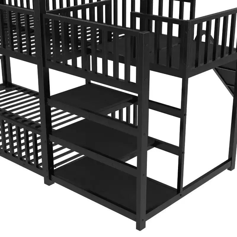 Lit superposé maison en métal double/complet avec escalier de rangement, toboggan et barrières de sécurité, Noir - ModernLuxe