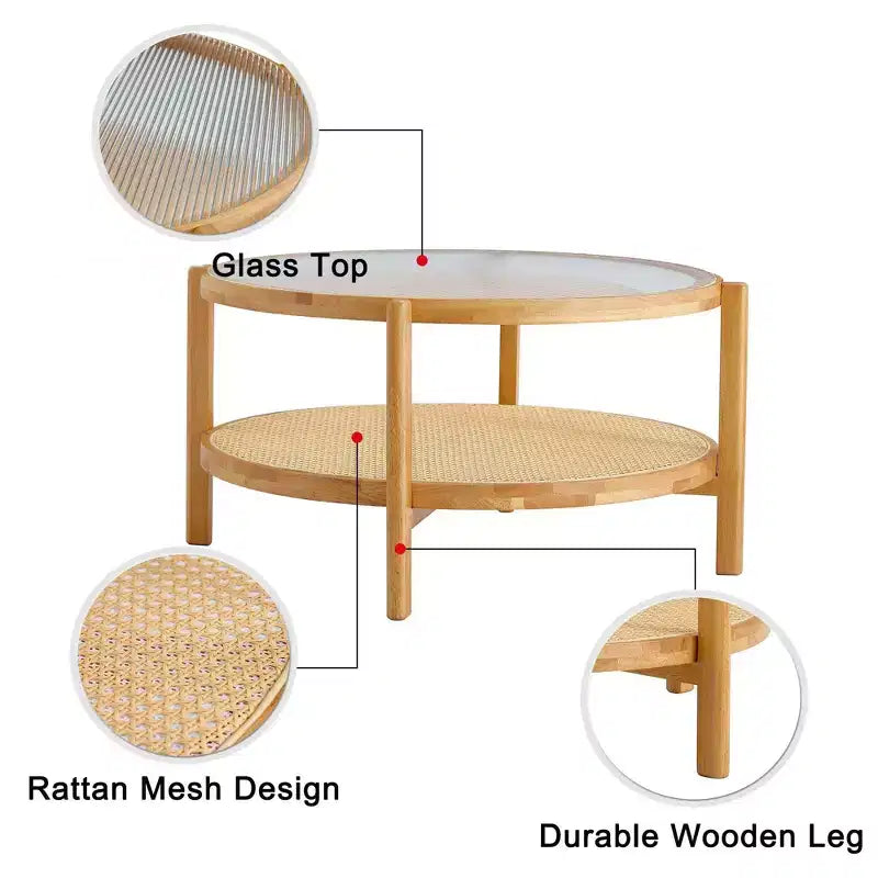 Table basse rustique à 2 niveaux TUYOHW avec plateau en verre, table d'appoint ronde en rotin tressé, table basse de style oriental de 80 cm pour salon