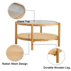 Table basse rustique à 2 niveaux TUYOHW avec plateau en verre, table d'appoint ronde en rotin tressé, table basse de style oriental de 80 cm pour salon