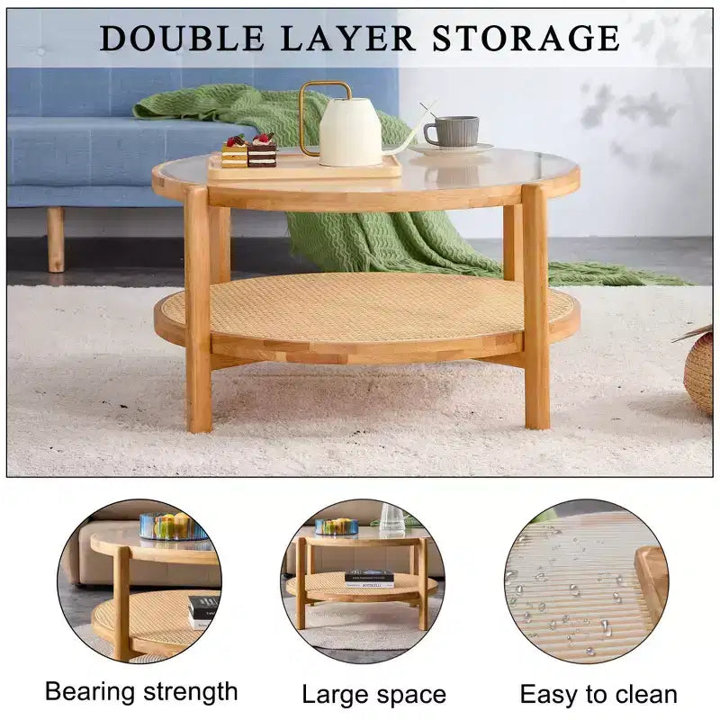 Table basse rustique à 2 niveaux TUYOHW avec plateau en verre, table d'appoint ronde en rotin tressé, table basse de style oriental de 80 cm pour salon