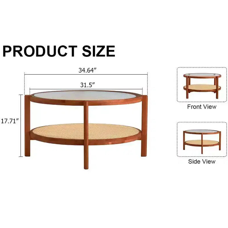 Table basse rustique à 2 niveaux TUYOHW avec plateau en verre, table d'appoint ronde en rotin tressé, table basse de style oriental de 80 cm pour salon