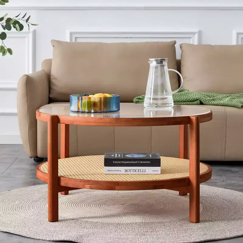 Table basse rustique à 2 niveaux TUYOHW avec plateau en verre, table d'appoint ronde en rotin tressé, table basse de style oriental de 80 cm pour salon